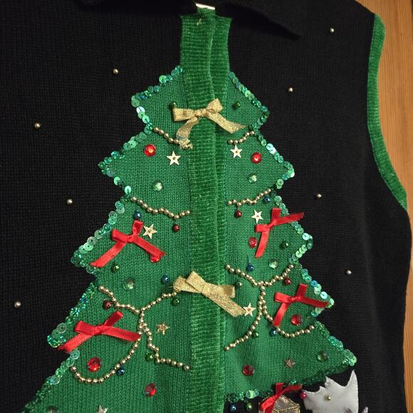 Vintage Lisa International Holiday Christmas Sweater Cardigan Sequin Bows XL - Picture 9 of 10